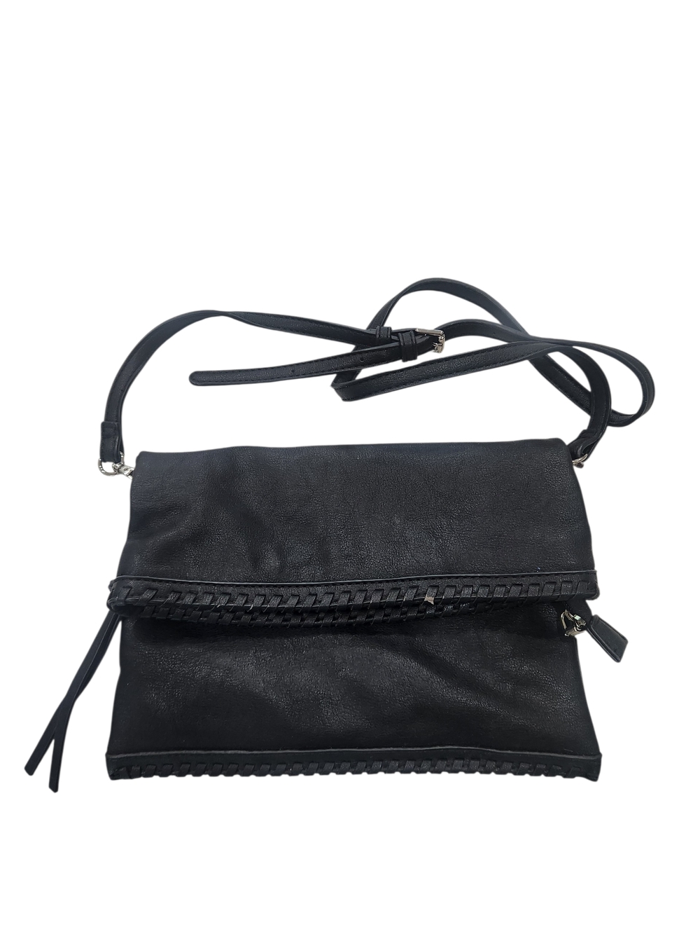 Moda Luxe Black Fold-Over Crossbody with Braided Trim And Silver Hardware